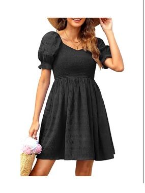 Smocked Puff Sleeve Mini Dress in Black NWT
